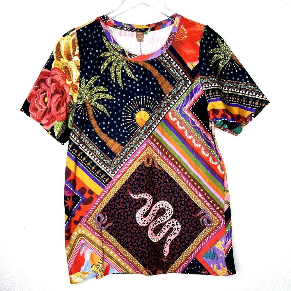 FARM RIO Printed Short Sleeve T-Shirt Tee Cotton Linen Multicolor Floral Palm